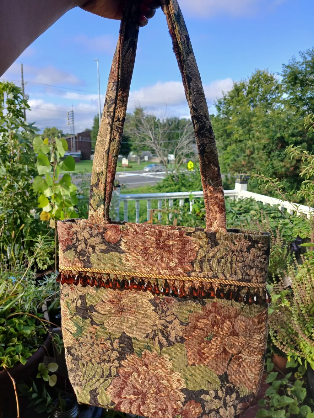 Floral Tapestry Beaded Shoulder Tote - Brown/Green